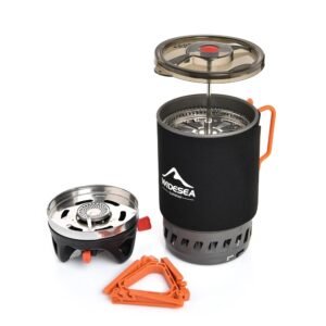 Ensemble cafetière portable Widesea pour le camping, presse française, cafetière 0,9 L, réchaud 1100 BTU avec couvercle anti-brûlure pour l'extérieur